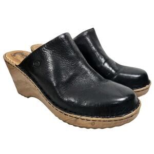 BORN WOMENS NATALIE BLACK LEATHER CLOGS CHUNKY HEEL PLATFORM COMFORT WEDGE SZ 9